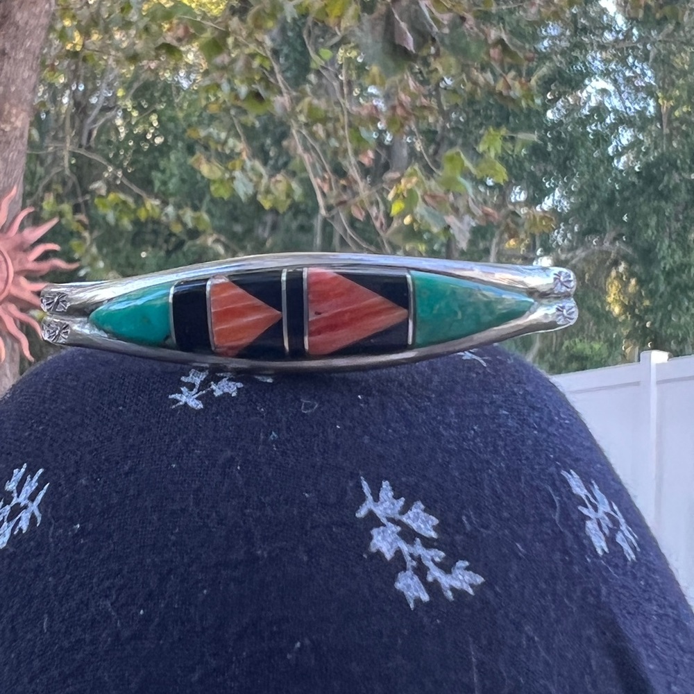 Vintage Native American Ss/Turquoise/Coral/Onyx C… - image 8